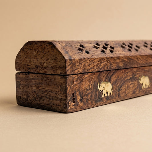 Handcrafted Wooden Incense Holder Box with Elephant Brass Inlay