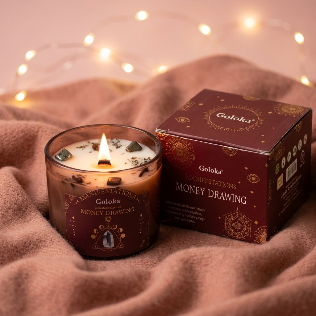 Manifestations Money Drawing 9oz Gemstone Infused Candle Pack