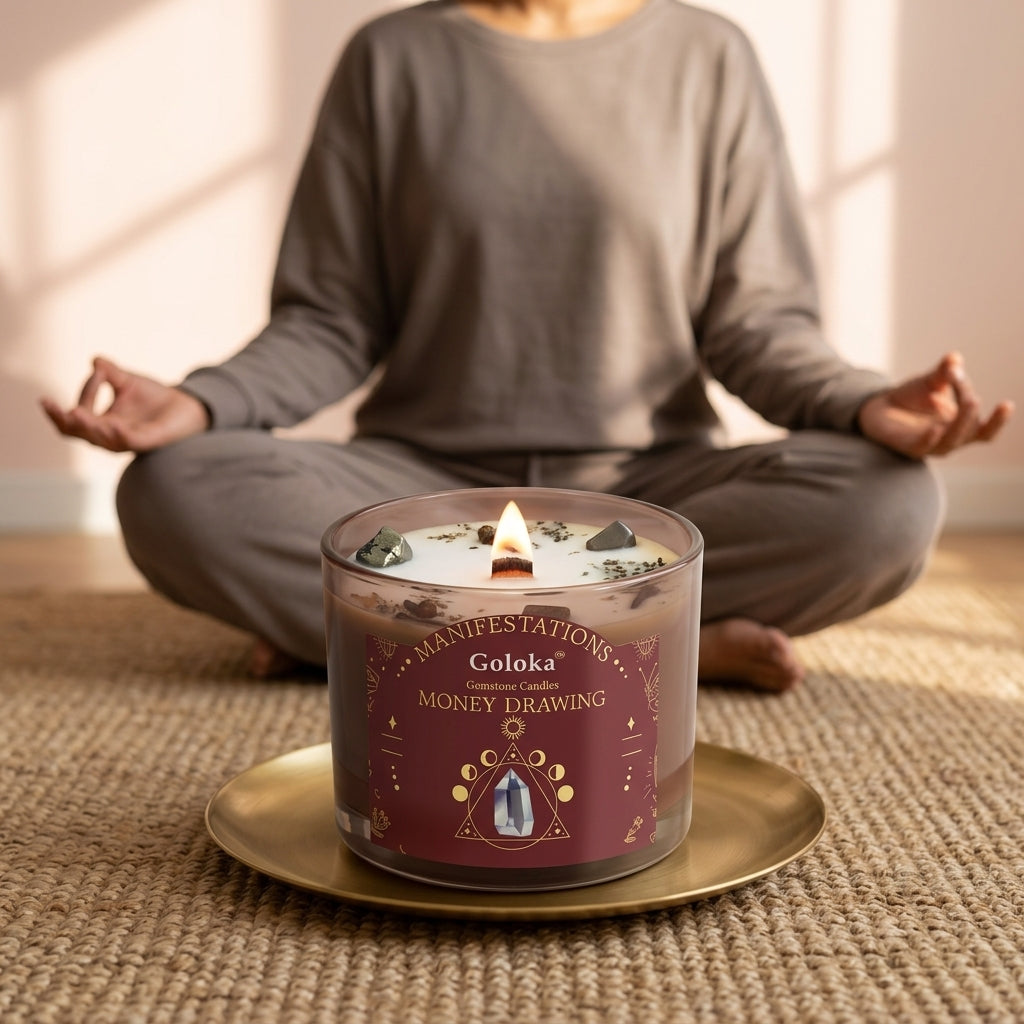 Manifestations Money Drawing 9oz Gemstone Infused Candle Pack