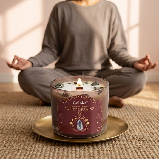 Manifestations Money Drawing 9oz Gemstone Infused Candle Pack