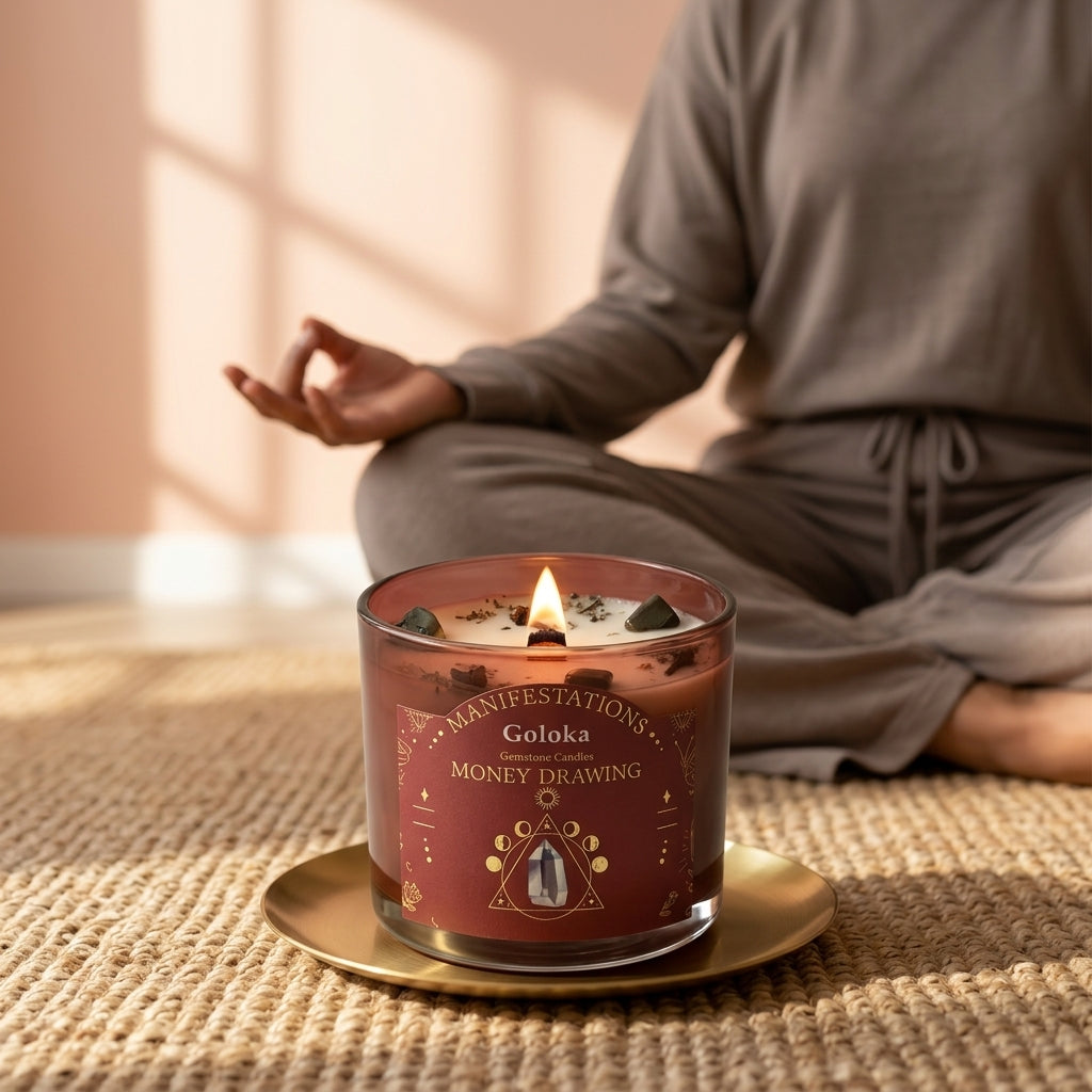 Manifestations Money Drawing 9oz Gemstone Infused Candle Pack