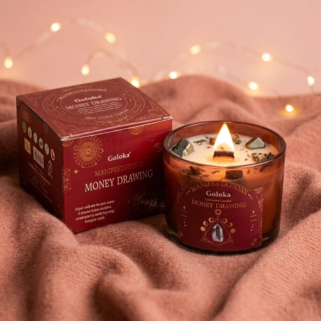 Manifestations Money Drawing 9oz Gemstone Infused Candle Pack