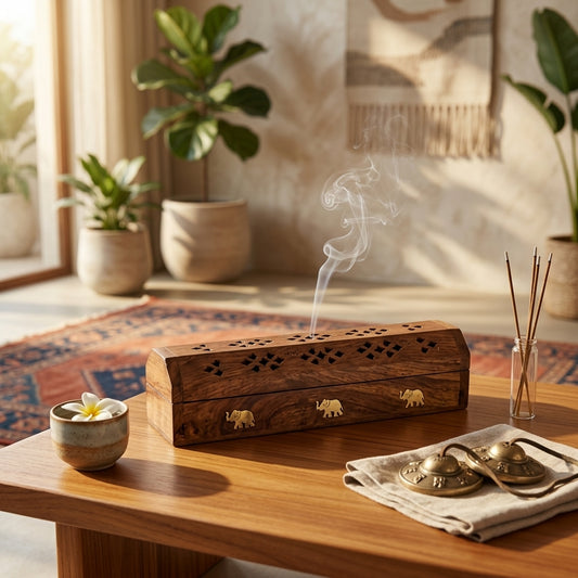 Handcrafted Wooden Incense Holder Box with Elephant Brass Inlay